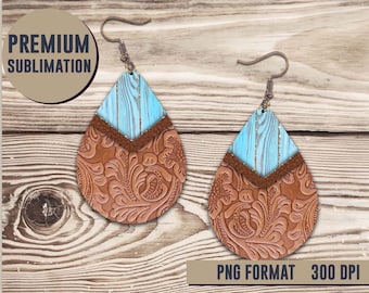 Rustic Blue Wood & Tooled Leather Earring Sublimation Design PNG | Tear Drop Earring | Sublimation Earrings Design PNG