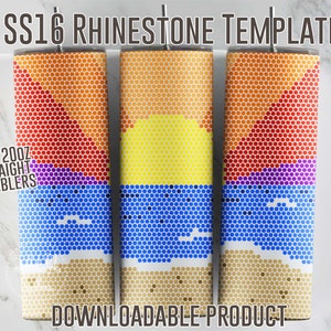 May include: A digital download template for a 20oz straight tumbler featuring a sunset over the ocean with a geometric pattern. The template is in shades of red, orange, yellow, blue, purple, and white.