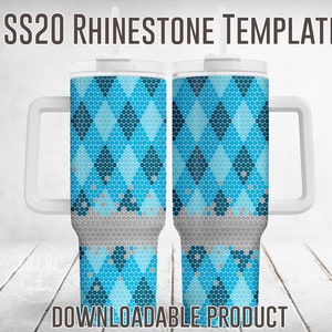 May include: Two white stainless steel tumblers with a blue and gray geometric pattern. The tumblers have a handle and a lid with a straw hole. The text "SS20 RHINESTONE TEMPLATE" is at the top of the image. The text "DOWNLOADABLE PRODUCT" is at the bottom of the image.