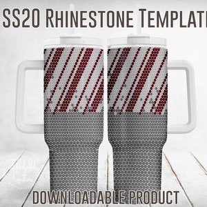 May include: A digital template for a 20 ounce stainless steel tumbler with a red and white striped design. The template is for use with rhinestones. The text "SS20 RHINESTONE TEMPLATE" is at the top of the image. The text "DOWNLOADABLE PRODUCT" is at the bottom of the image.
