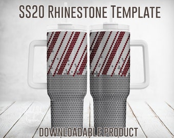 May include: A digital template for a 20 ounce stainless steel tumbler with a red and white striped design. The template is for use with rhinestones. The text "SS20 RHINESTONE TEMPLATE" is at the top of the image. The text "DOWNLOADABLE PRODUCT" is at the bottom of the image.