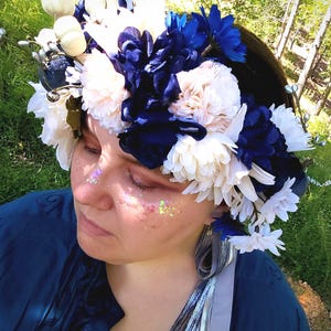 Something Blue - Adult-size Flower Crown, Bridal, Cream, Blue, Champagne, Pumpkins and Mums, Adjustable