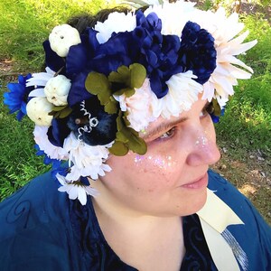 Something Borrowed - Adult-size Flower Crown, Bridal, Cream, Blue, Champagne, Pumpkins and Mums, Adjustable
