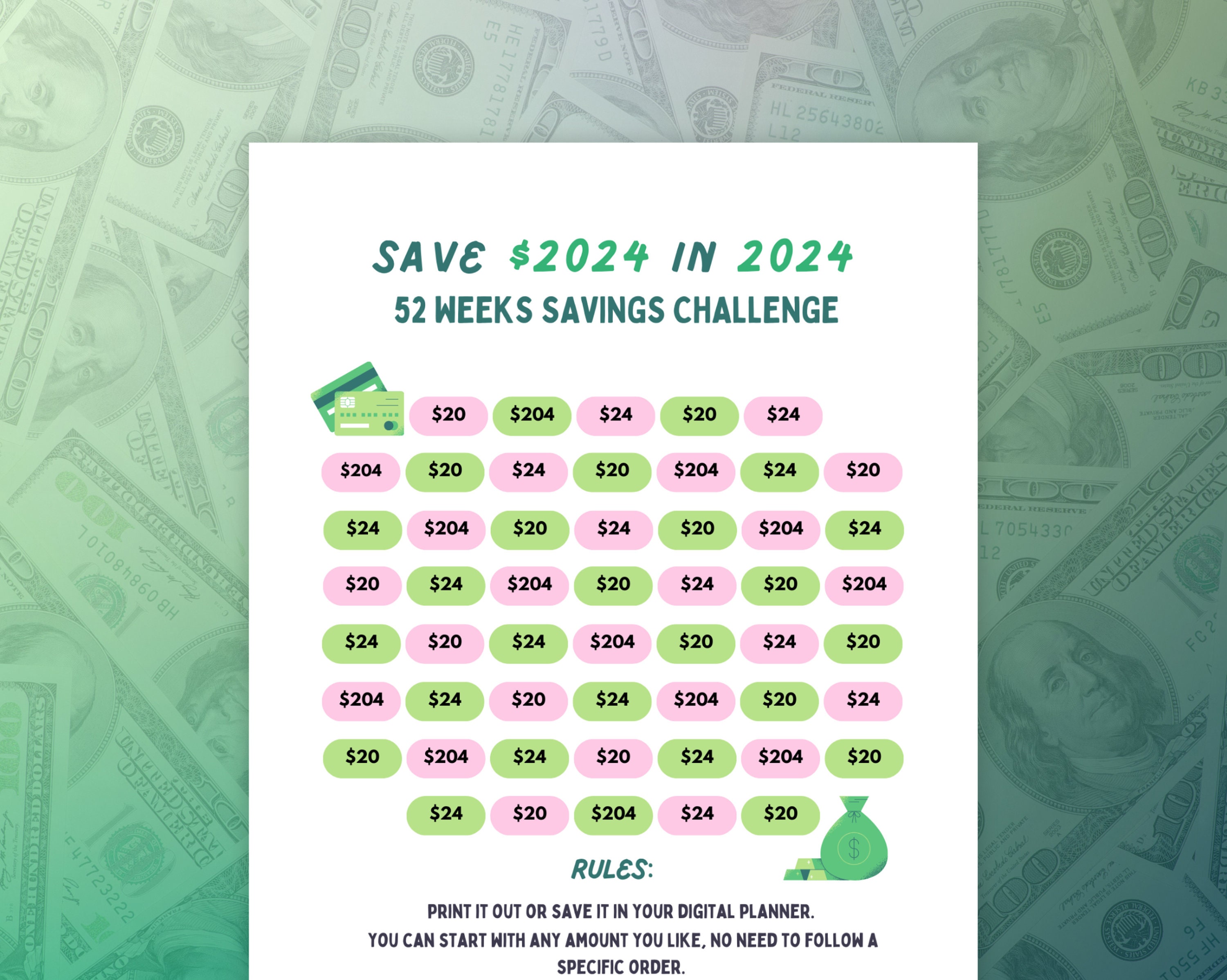 Économisez 2024 en 2024, Défi Économies 52 semaines, Défi hebdomadaire