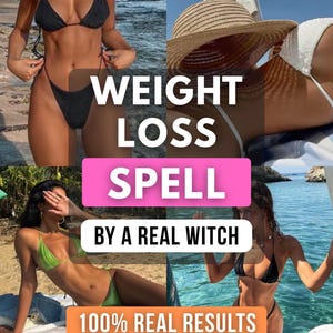 Op de afbeelding: Een collage van vier afbeeldingen met badkleding, waaronder een zwarte bikini, een witte bikini met een strooien hoed, een groene bikini en een zwarte bikini in het water. Tekstoverlays lezen: WEIGHT LOSS SPELL, BY A REAL WITCH, 100% REAL RESULTS.