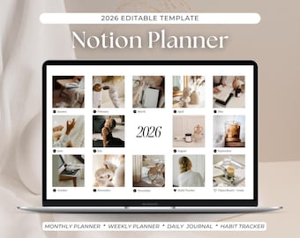 Plantilla de planificador Notion 2026, planificador mensual, semanal y diario, tablero de visión y registro de hábitos.