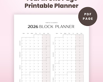 Calendario 2026: Planificador anual por bloques, imprimible, en PDF de una sola página.