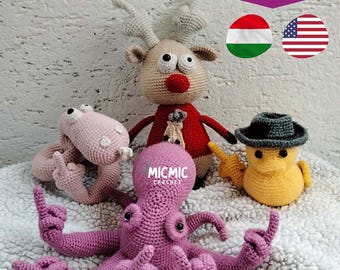 Lot de motifs au crochet animaux sarcastiques 4 en 1, ensemble amigurumi drôle de doigt du milieu, cadeau bâillon grossier PDF Frenky, Filip, Rude Olf et Dick Duck