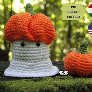 Crochet Ghost Pattern: Halloween Amigurumi with Pumpkin Hat (PDF Pattern)