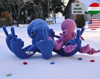 Lot de motifs au crochet pieuvre 2 en 1, doigt du milieu au crochet, ensemble amigurumi amusant, cadeau bâillon impertinent PDF - Frenky and Francine