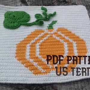 May include: A crochet pumpkin square with a green leaf and stem. The square is made with white and orange yarn. The text "PDF PATTERN US TERM" is visible in the bottom right corner of the square.