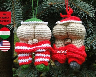 Lot de 2 motifs de Noël amusants au crochet, ensemble d'ornements père Noël et elfe coquins, PDF de décoration sarcastique pour les fêtes - cadeau bâillon de Noël
