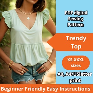 Gathered Keyhole Front Top Sewing Pattern- Cut Out Blouse Gathered Keyhole Front Top Sewing Pattern- Cut Out Blouse