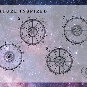 Puede incluir: Una ilustraci&oacute;n digital de cuatro cartas astrol&oacute;gicas con el texto "NATURE INSPIRED" en la parte superior. Las cartas est&aacute;n etiquetadas con los n&uacute;meros 4, 5, 6 y 7. Las cartas est&aacute;n sobre un fondo de galaxia con colores p&uacute;rpura, rosa y azul.