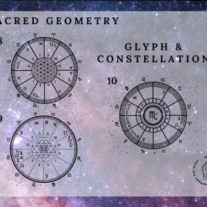 Puede incluir: Una ilustraci&oacute;n en blanco y negro de un glifo de geometr&iacute;a sagrada y una constelaci&oacute;n. La imagen presenta un dise&ntilde;o circular con s&iacute;mbolos astrol&oacute;gicos y un patr&oacute;n de flor de la vida. El texto "SACRED GEOMETRY", "GLYPH & CONSTELLATION", y los n&uacute;meros 8, 9 y 10 son visibles.