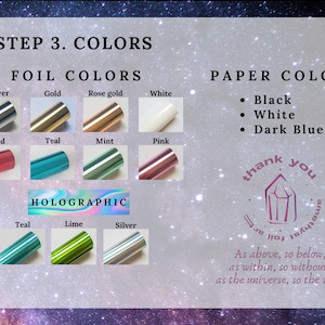 Puede incluir: Un gr&aacute;fico que muestra las opciones de color de l&aacute;mina y papel para manualidades. Los colores de l&aacute;mina incluyen plata, oro, oro rosa, blanco, rojo, verde azulado, menta y rosa. Los colores de l&aacute;mina hologr&aacute;fica incluyen verde azulado, lima y plata. Los colores de papel incluyen negro, blanco y azul oscuro. El texto "Gracias" est&aacute; escrito en una fuente estilizada con un gr&aacute;fico de cristal.