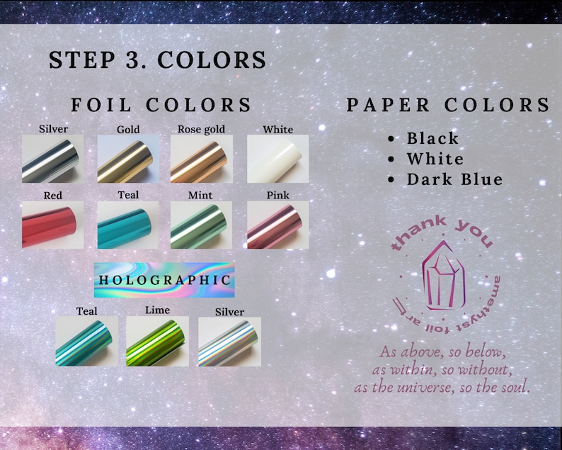 Puede incluir: Un gr&aacute;fico que muestra las opciones de color de l&aacute;mina y papel para manualidades. Los colores de l&aacute;mina incluyen plata, oro, oro rosa, blanco, rojo, verde azulado, menta y rosa. Los colores de l&aacute;mina hologr&aacute;fica incluyen verde azulado, lima y plata. Los colores de papel incluyen negro, blanco y azul oscuro. El texto "Gracias" est&aacute; escrito en una fuente estilizada con un gr&aacute;fico de cristal.