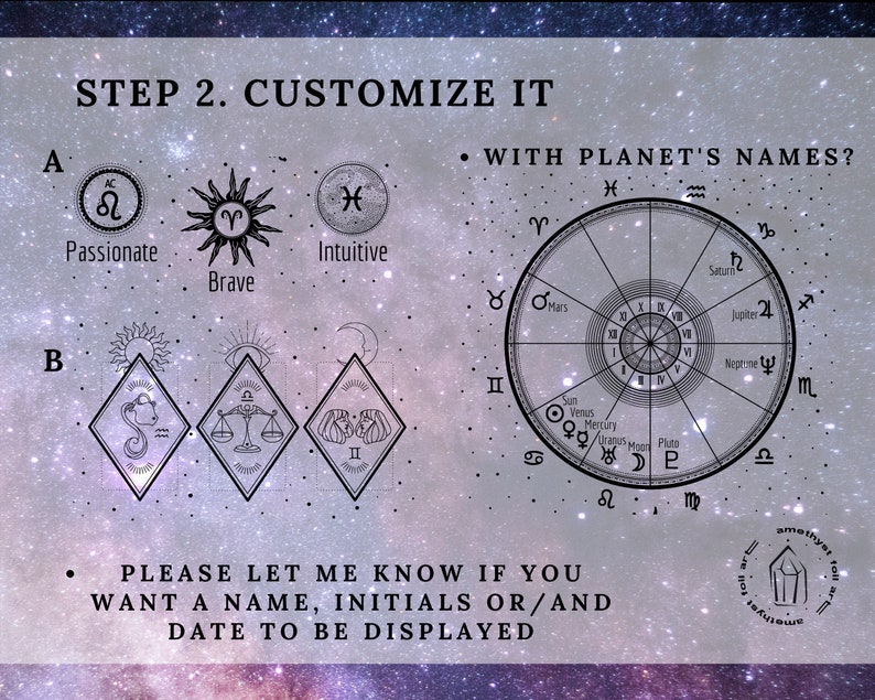 Puede incluir: Una ilustraci&oacute;n en blanco y negro de una rueda zodiacal con los nombres de los planetas escritos alrededor del exterior. El texto "STEP 2. CUSTOMIZE IT" est&aacute; en la parte superior de la imagen. El texto "PLEASE LET ME KNOW IF YOU WANT A NAME, INITIALS OR/AND DATE TO BE DISPLAYED" est&aacute; en la parte inferior de la imagen.