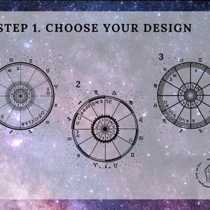 Puede incluir: Tres cartas astrol&oacute;gicas en blanco y negro sobre un fondo de galaxia p&uacute;rpura y azul. Las cartas est&aacute;n etiquetadas con 1, 2 y 3. El texto "STEP 1. CHOOSE YOUR DESIGN" est&aacute; en la parte superior de la imagen.