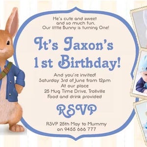 Peter Rabbit Geburtstagsfeier-Einladung Individuell angefertigte Fotoeinladung Zum ersten Geburtstag selber drucken