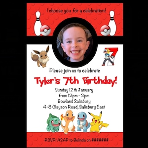 Faire-part d'anniversaire de bowling pour enfants Pokémon, personnages photo personnalisés