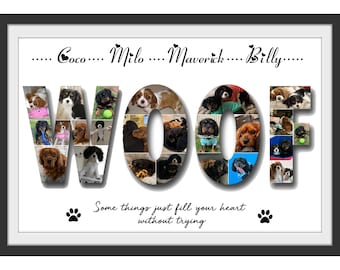 Peut inclure: Une impression encadrée blanche avec un collage de photos de chiens qui épellent le mot "WOOF". Les noms Coco, Milo, Maverick et Billy sont listés en haut de l'impression. La citation "Some things just fill your heart without trying" est imprimée sous le collage.