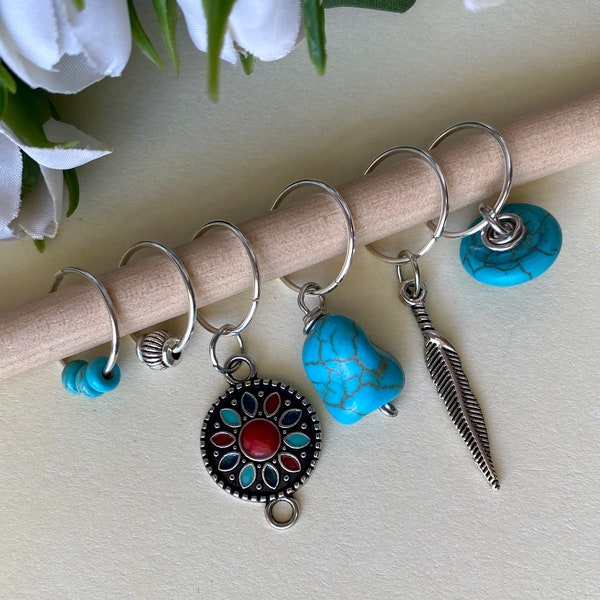 Native Indian-Themed Hair Rings Turquoise & Silver Set Braid Rings Boho Hair Jewelry Bohemian Hair Charms Hippie Beaded Braid Rings