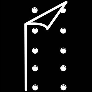 May include: A white outline of a building with a curved roof and six white circles on the front.