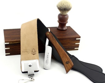 Handcrafted Wooden Shaving Kit - Home Salon Synthetic Hair Brush with Straight Razor - Natural Wood Male Grooming Gift Set