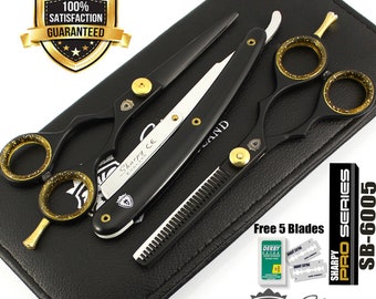 Professional Hairdressing Scissors Barber Salon Hair Cutting Shears 5.5" Set & Black Barber Razor