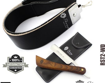 German Steel Straight Edge Razor: Wood Handle, Leather Strop & Pouch