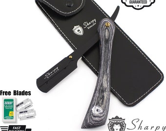 Wooden Handle Barber Straight Razor with Blades & Pouch