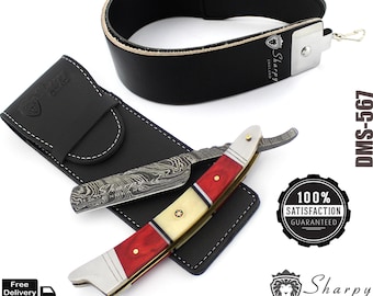 Damascus Steel Straight Razor: Vintage Barber Shaving Razor with Leather Strop