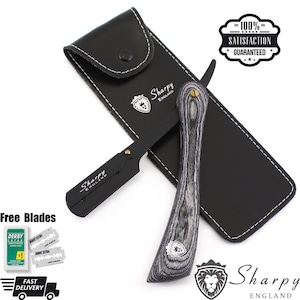 Wooden Handle Barber Straight Razor with Blades & Pouch