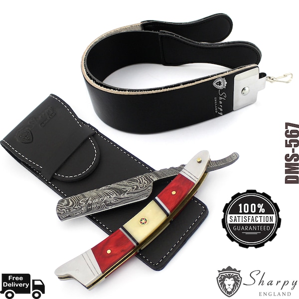 Damascus Steel Straight Razor Cut Throat Barber Salon Shaving Razor Vintage With Sharpening Strop Leather Belt