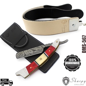 Damaszener Stahl Rasiermesser: Vintage Barber Rasiermesser mit Streichriemen