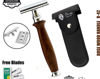 Rose Wood Men Safety Razor Double Edge Razors With Free Blades & Pouch