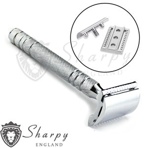 May include: A silver safety razor with a textured handle and a chrome head. The razor comes with a replacement blade and a base plate.