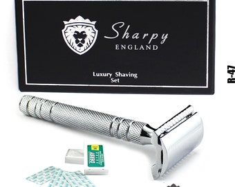 Vintage Long Handled Double Edge Safety Razor Stainless Steel & 5 Double Edge Derby blades + Free Gift Box For Him