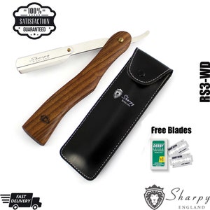 May include: A straight razor with a wooden handle and a stainless steel blade, with a black leather case and free razor blades. The razor is branded "Sharpy England". The image also includes the text "100% Satisfaction Guaranteed".
