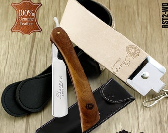 German Steel Straight Edge Razor: Wood Handle, Leather Strop