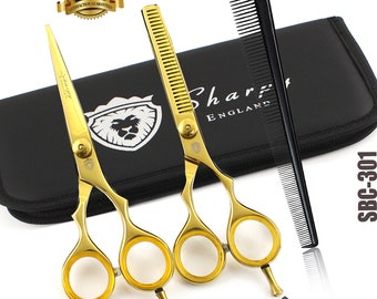 Pro Scissors Barber Hairdressing & Thinning Shears 5.5" Gold Vintage Set with Black Scissor Kit