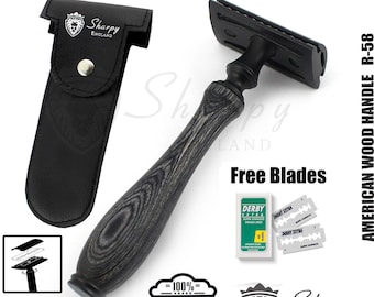 American Wood Handle Double Edge DE Safety Razor And Free Blades With Pouch