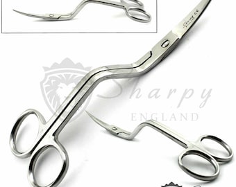 May include: A pair of silver-toned, curved, stainless steel scissors with a sharp point. The scissors are designed for trimming and cutting delicate materials. The scissors are labeled "Sharpy England".