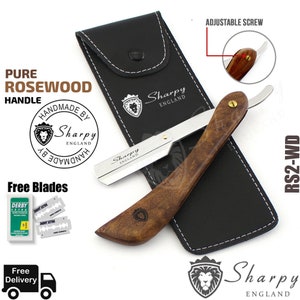 May include: A straight edge razor with a rosewood handle and a stainless steel blade. The razor comes with a leather case and free blades. The razor is handmade and has an adjustable screw. The razor is made by Sharpy England.