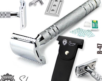 Sharpy Long Handled Double Edge Safety Razor Stainless Steel With 10 Double Edge Derby blades