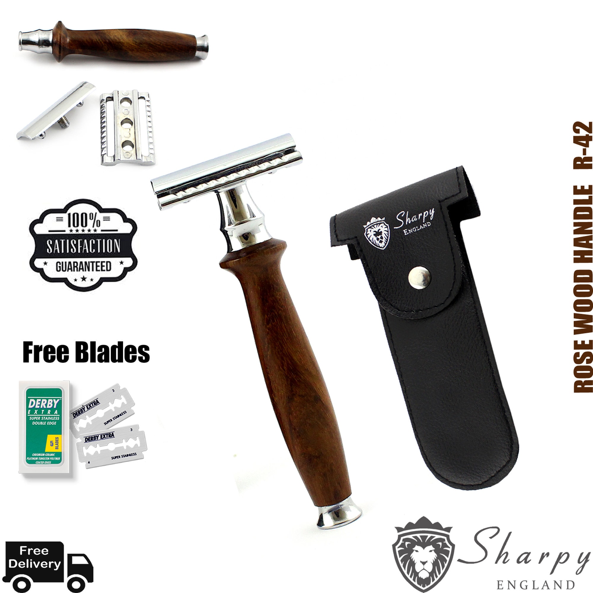 Sharpy Safety Razor Double Edge Wood Handle Razors For Men + Free Blades