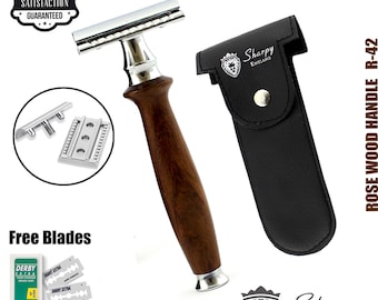 Sharpy De Safety Razor Double Edge Wood Handle Razors For Men + Free Blades and Pouch