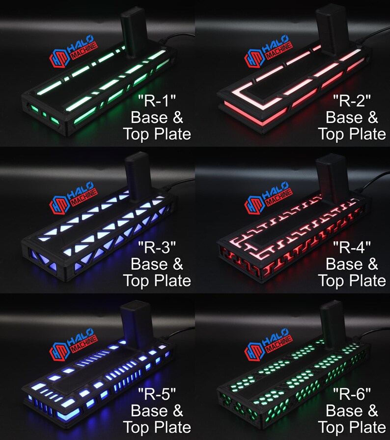 May include: A collection of six black base and top plates with various LED light designs. Each plate has a different pattern and color, including green, red, and blue. The text "HALO MACHINE" is displayed on each plate, along with a model number.