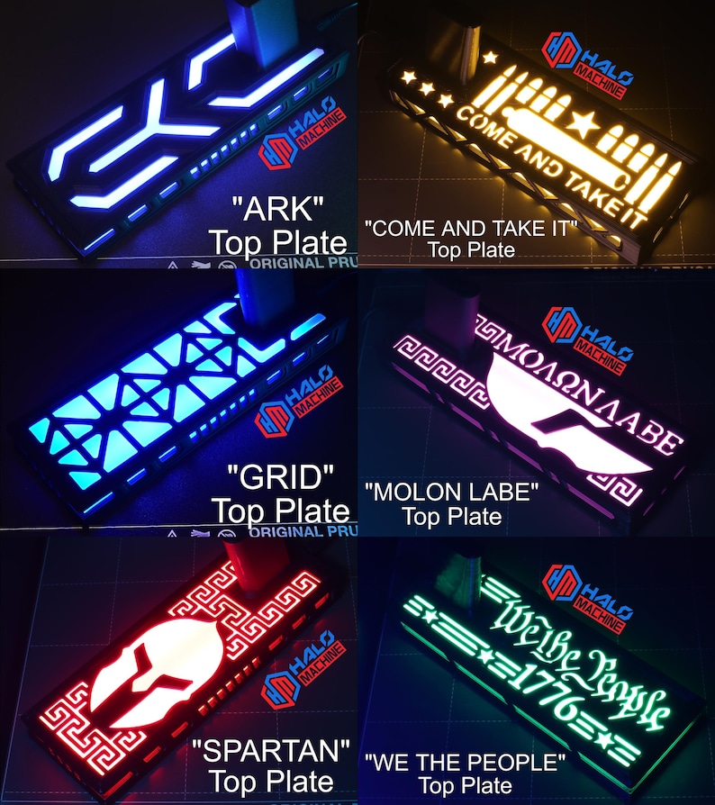 May include: A collection of illuminated top plates with various designs and text. The plates feature blue, white, red, and green LED lights. Text includes "ARK", "COME AND TAKE IT", "GRID", "MOLON LABE", "SPARTAN", and "WE THE PEOPLE 1776".
